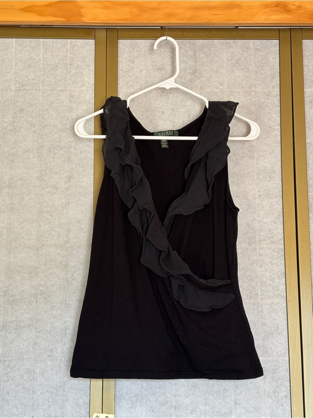 Vintage Lauren Ralph Lauren Black Ruffle V-Neck Sleeveless Shirt